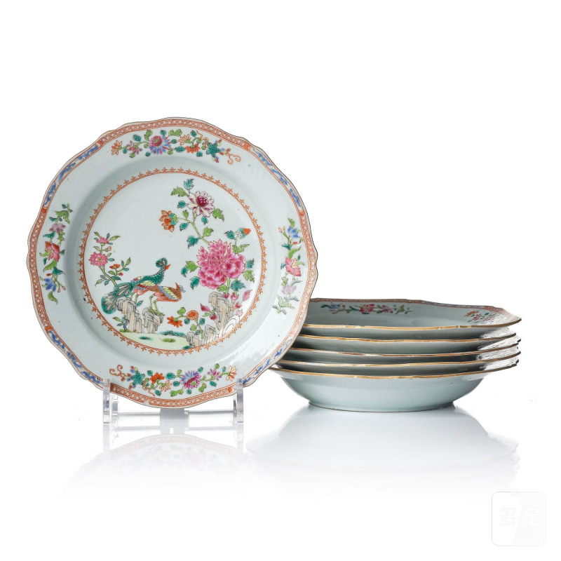 A set of six famille rose 'double peacock' soup dishes,